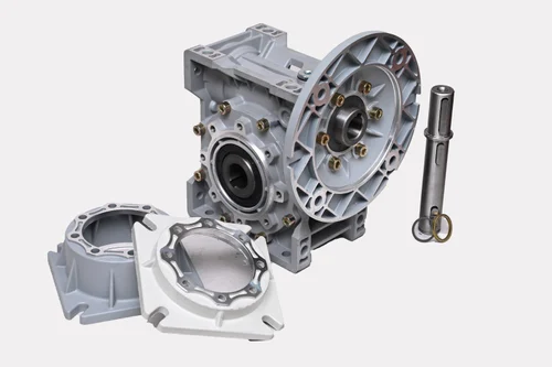 Industrial worm gear reducer side view showing input/output shafts